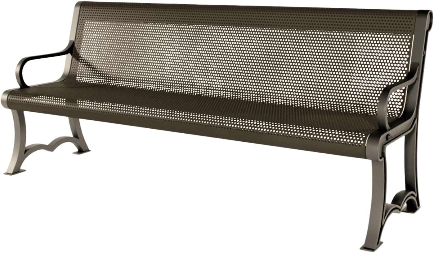Coated Outdoor Furniture Heavy-Duty Outdoor Bench Thermoplastic Coated, Punched Steel, Commercial-Grade Garden Bench, Made in America (Portable with Back, 6 Ft, Textured Brown)