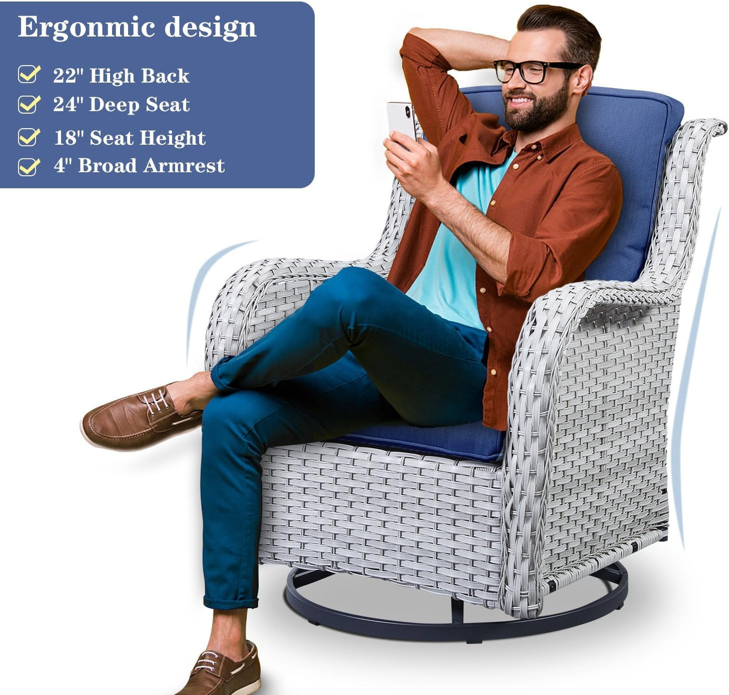 Outdoor Swivel Rocker Patio Chairs Set of 3,High Back Swivel Patio Chairs Wicker Furniture Set,2 PCS Rattan Swivel Rocking Chair with Side Table,Light Grey Wicker (A089-2)