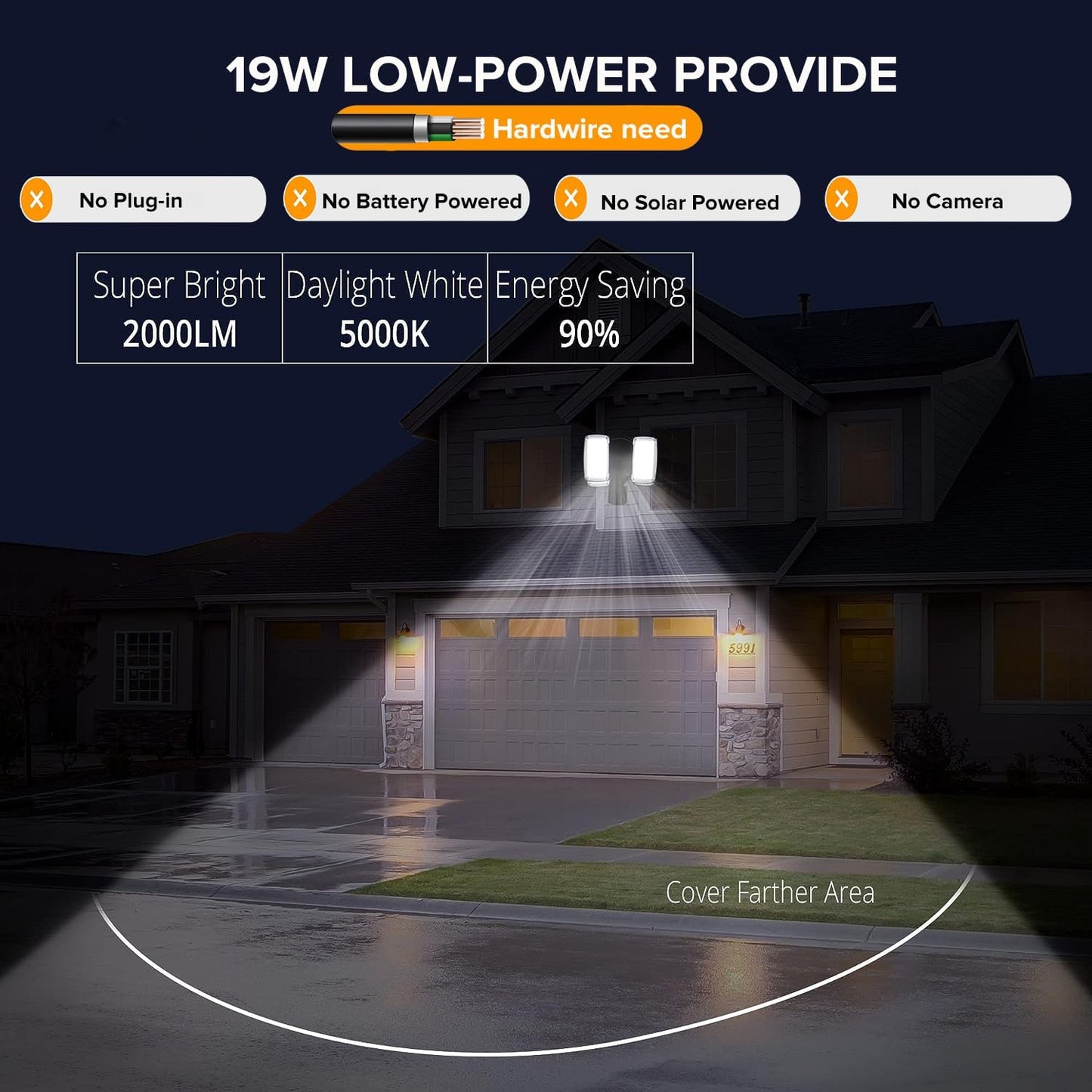 UME 2 Pack 19W LED Flood Light Motion Sensor Outdoor, 2 Adjustable Head, 2000LM, 5000K, IP65 Waterproof, Dusk to Dawn Security Light with Photocell for Exterior,Outside,Garage,House(Black)
