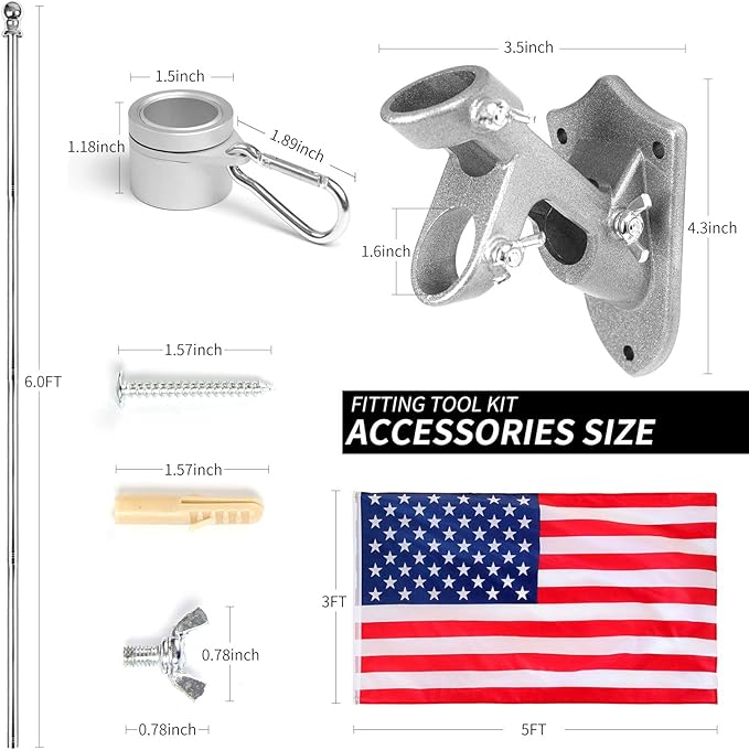 Quarut House Flag Pole Kit,Including 6Ft Stainless Steel Flag Pole,Heavy Duty Nylon 3x5 Ft American Flag,Aluminum Alloy Rings and Bracket.Wall Mounted Flagpole Set for Residential Commercial（Silvery）