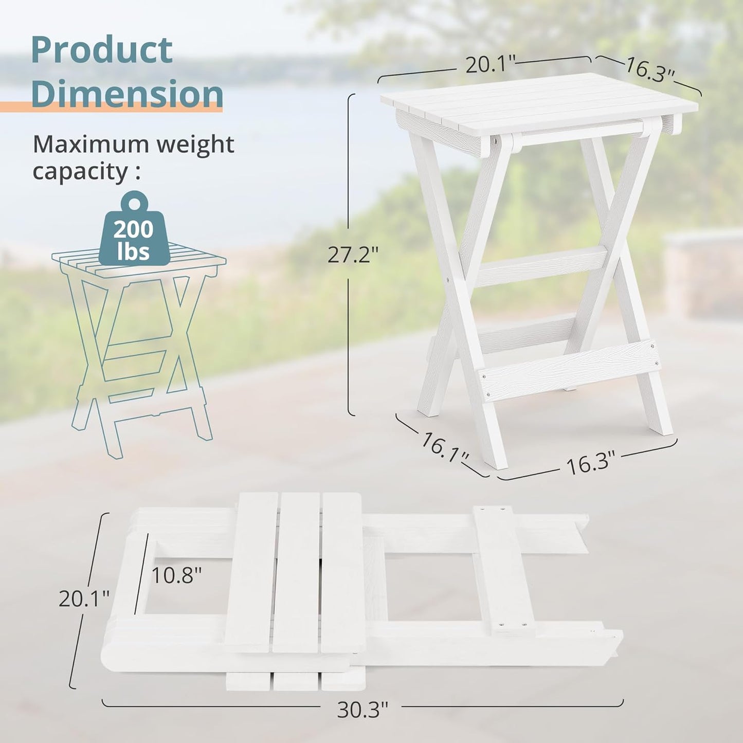 LUE BONA 27 inch Folding Side Table, HDPS Outside End Table for Patio, Porch, Deck, Pool, Weather Resistant, White