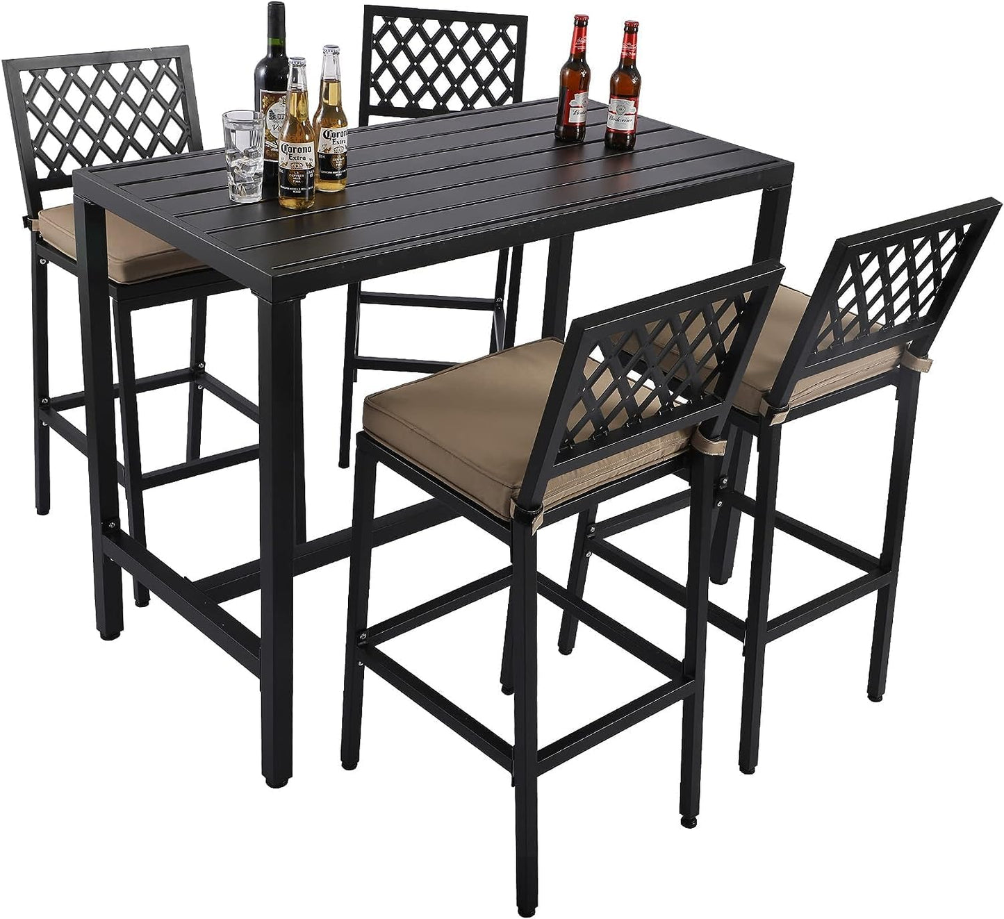 5-Piece Outdoor Patio Bar Set, Bar Height Patio Dining Set, Weather-Resistant Bistro Counter Pub Set with Cushions & Slatted Tabletop for Backyard, Garden, Yard