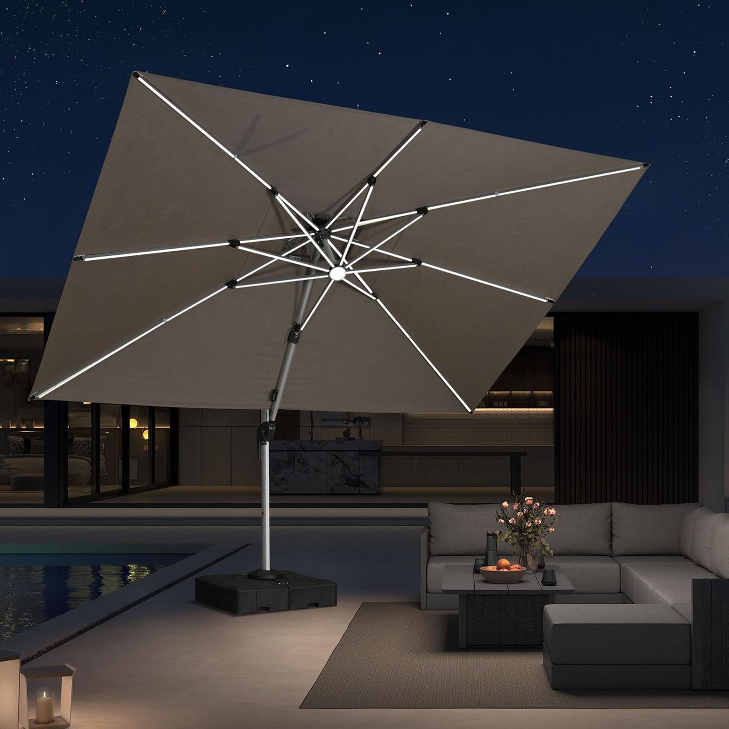 PURPLE LEAF 9' X 12' Solar Powered LED Patio Umbrella Cantilever Umbrellas Offset Double Top Hanging Outdoor Umbrella Market Umbrellas for Garden, Heather Taupe