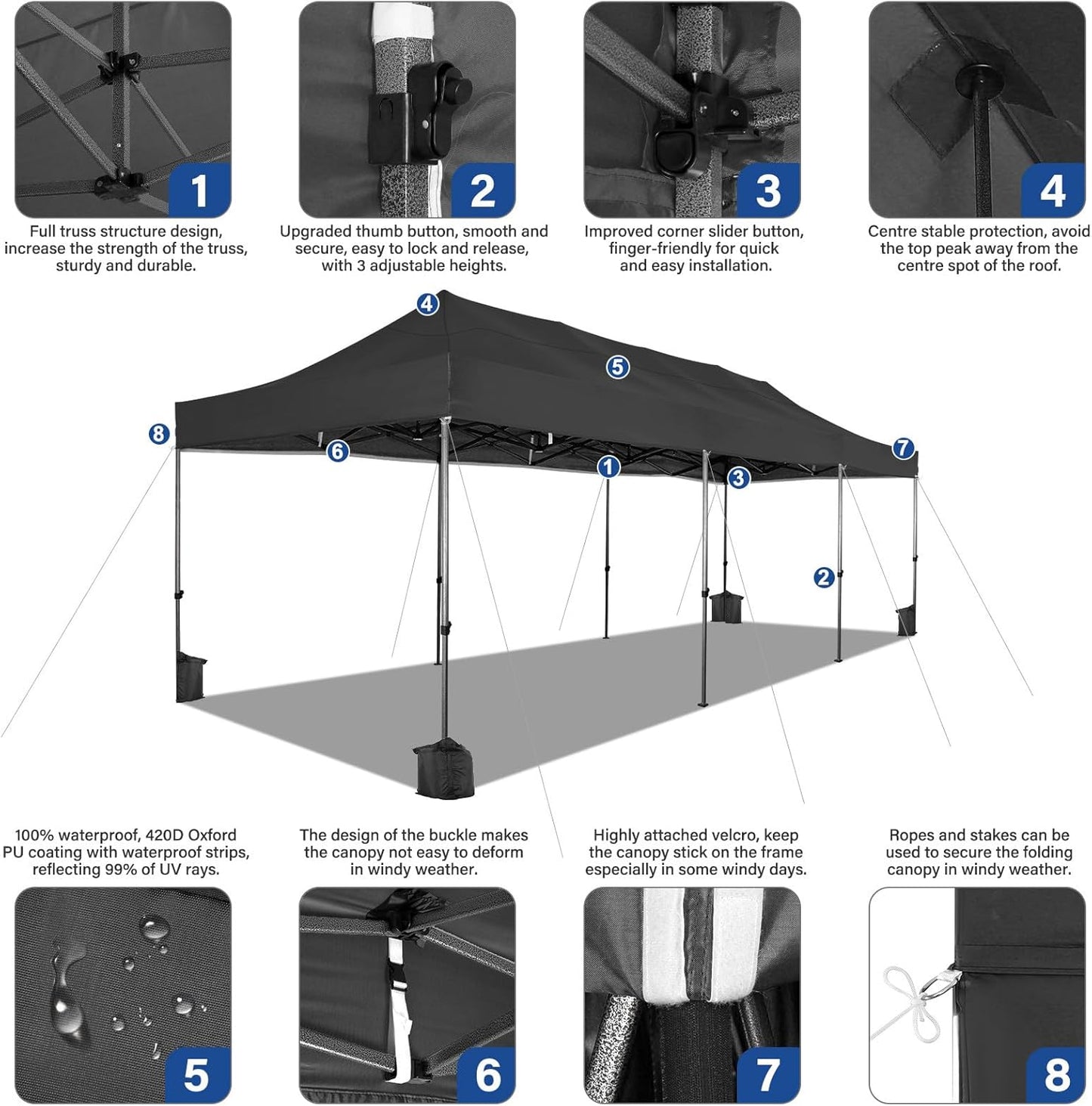 COBIZI 10x30 Pop up Canopy Heavy Duty Without Sidewalls, Easy Set-up Commercial Outdoor Party, 100% Waterproof Wedding Canopy Gazebo, 3 Height Adjustable with Wheeled Bag, Black