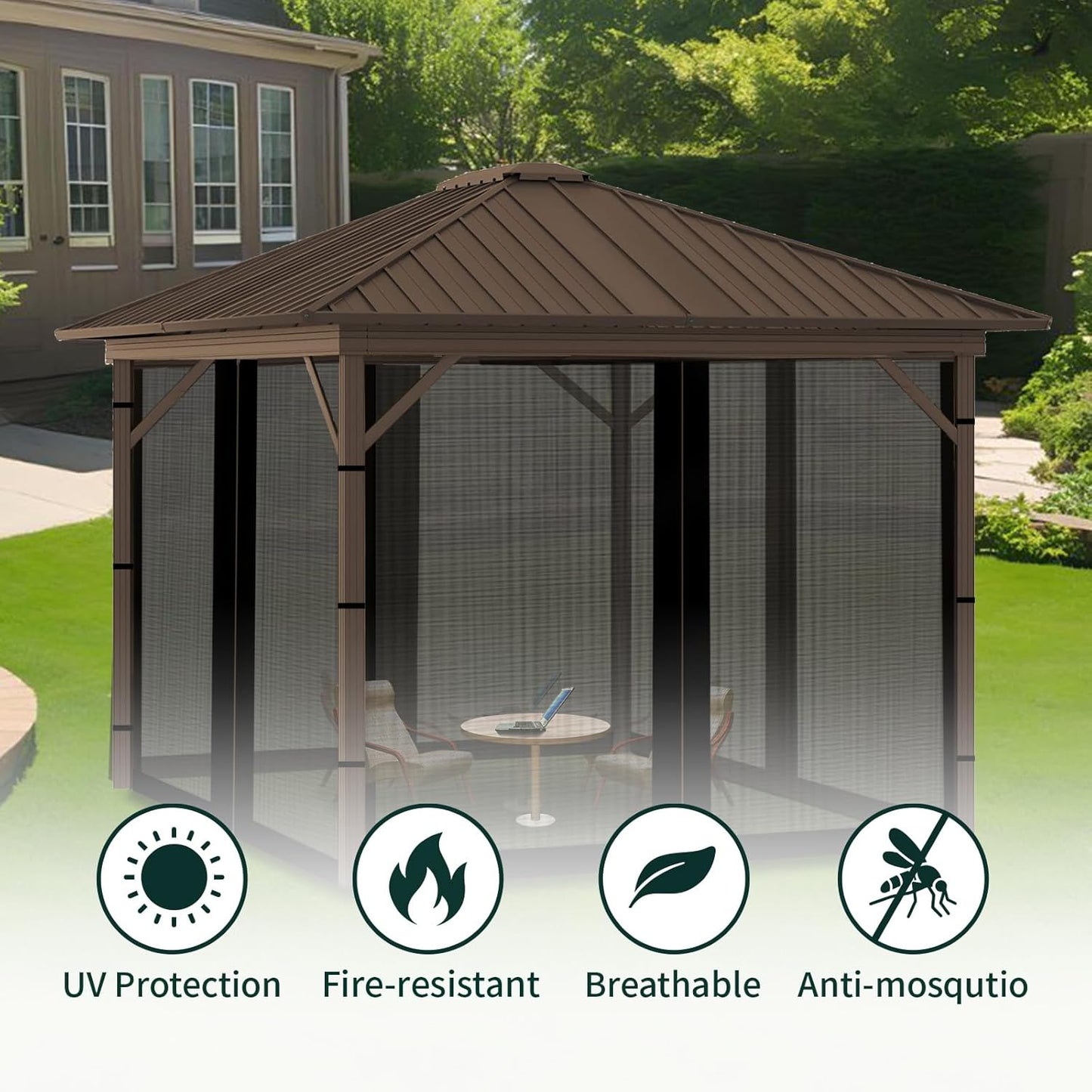 10x13FT Mosquito Netting for Gazebo,Pergola,Pop up Canopy Tent,4-Panel with Zipper for Outdoor Patio,Backyard (Black,Mosquito Net Only)