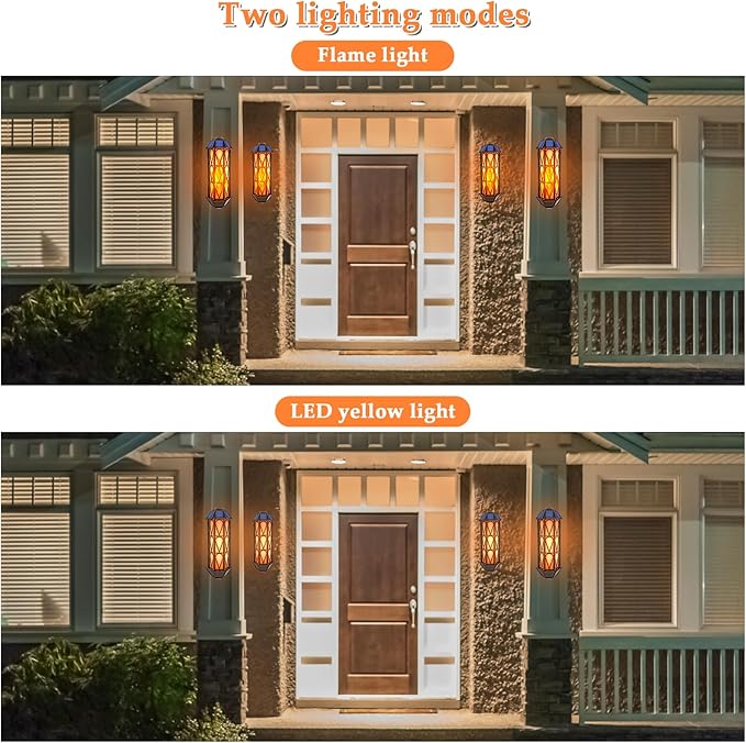Solar Flame Lights Outdoor, Upgraded 74 LED Flickering Flame Lights, Solar Powered Auto On/Off, Outdoor Waterproof Wall Lanterns for House Garage Doorway Garden Porch Patio Yard Decoration (2 Pack)