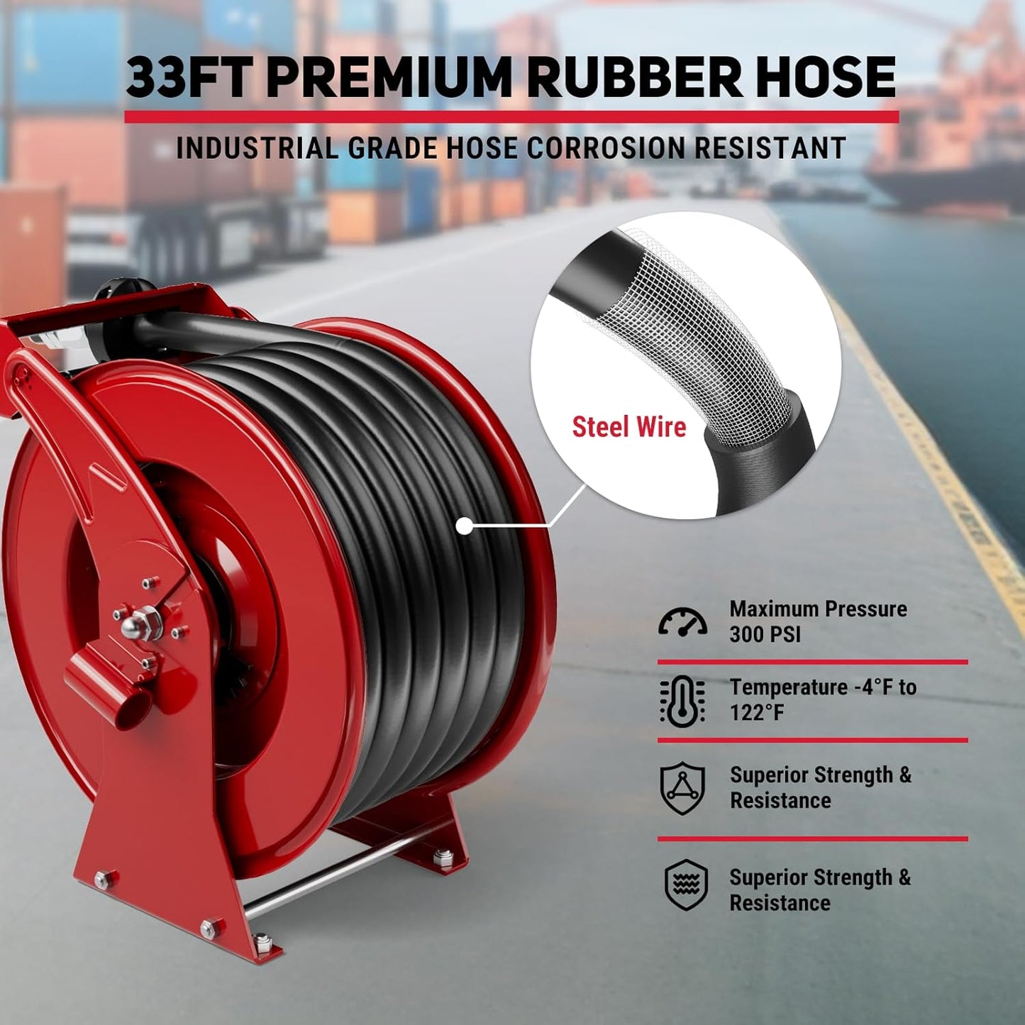 Fuel Hose Reel, 1" x 33' Retractable Diesel Fuel Heavy-duty Steel Construction with Refueling Nozzle, 300 PSI Diesel Reel Used for Aircraft Ship Vehicle Tanker Truck