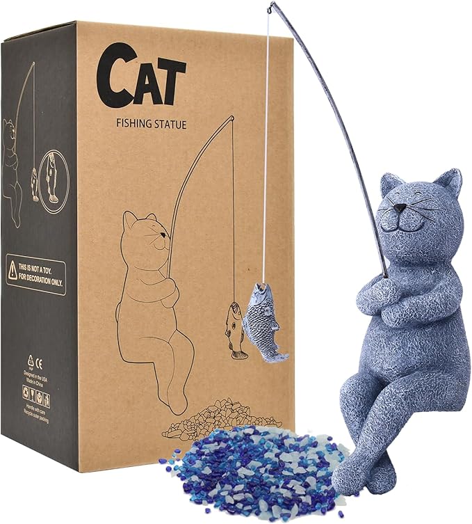 Goodeco Fishing Cat Garden Statue – 10" Little Cat Fisher for Garden Pond Decor, Poolside Statue with Glow in Dark Pebbles Included,Great Gifts for Mom, Women & Birthdays (Cat)
