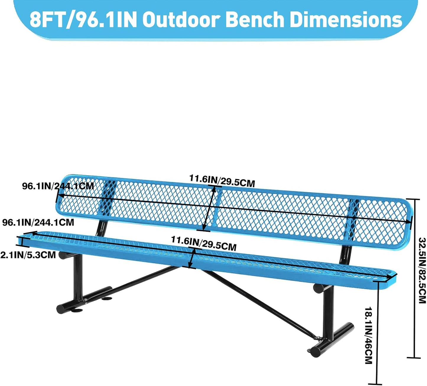 Thermoplastic Coated Iron Park Bench for Outside, Heavy Duty Metal Garden Bench, Expanded Commercial Grade Seating for Shopping Malls, Lawn Yard Porch Entryway (Blue with Backrest, 96IN)
