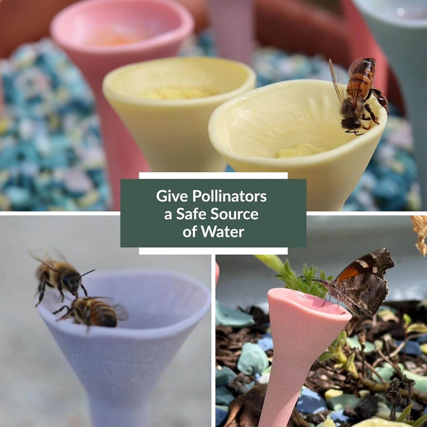 5 Pack, Bee Watering Station, 100% Handmade Porcelain, Bee and Butterfly Feeder for Garden, Outdoor Feeders for Thirsty Pollinators, Plastic Free, Pollinator Attracting Glaze (5, Blue)