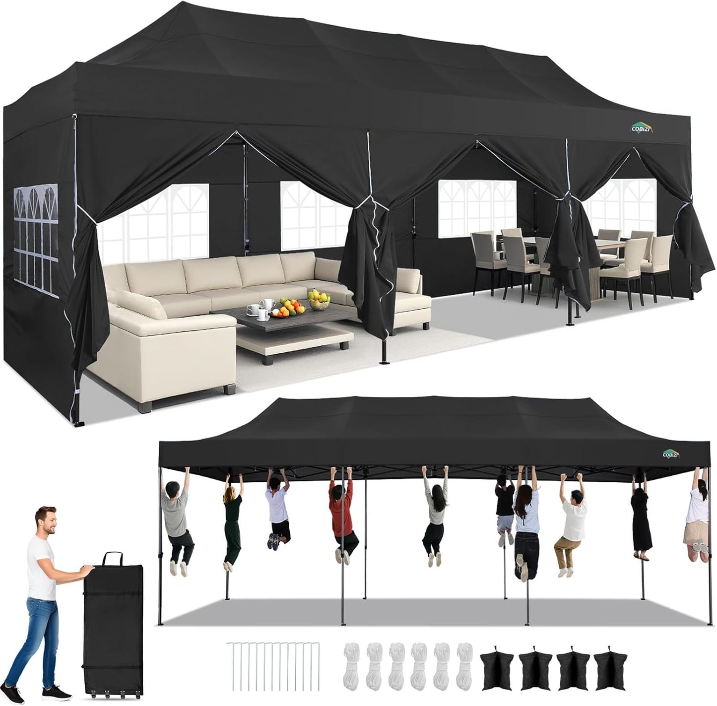 COBIZI 10x30 Pop up Canopy Heavy Duty with 8 Sidewalls, Easy Set-up Commercial Outdoor Party, 100% Waterproof Wedding Canopy Gazebo, 3 Height Adjustable with Wheeled Bag, Black