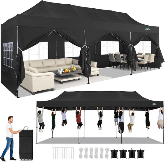 COBIZI 10x30 Pop up Canopy Heavy Duty with 8 Sidewalls, Easy Set-up Commercial Outdoor Party, 100% Waterproof Wedding Canopy Gazebo, 3 Height Adjustable with Wheeled Bag, Black