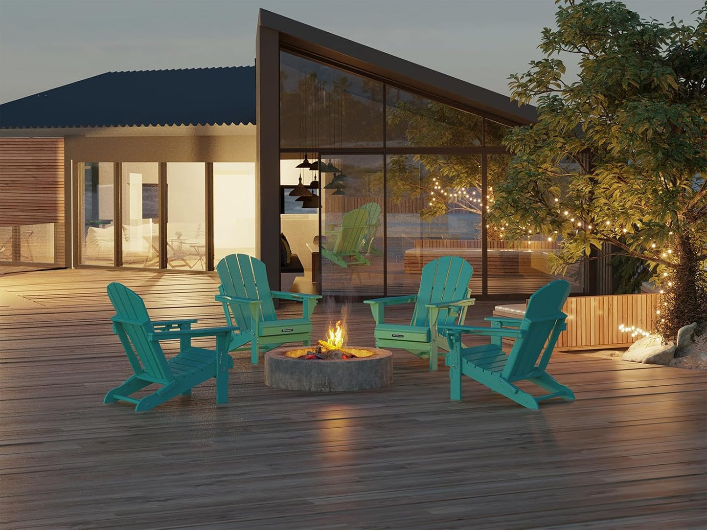 MUCHENGHY Folding Adirondack Chairs 4 Pack, Patio Chairs, Outdoor Chairs, Adirondack Chair Plastic, Fire Pit Chairs, Weather Resistant with Cup Holder for Deck, Backyard, Garden(Lake Blue)