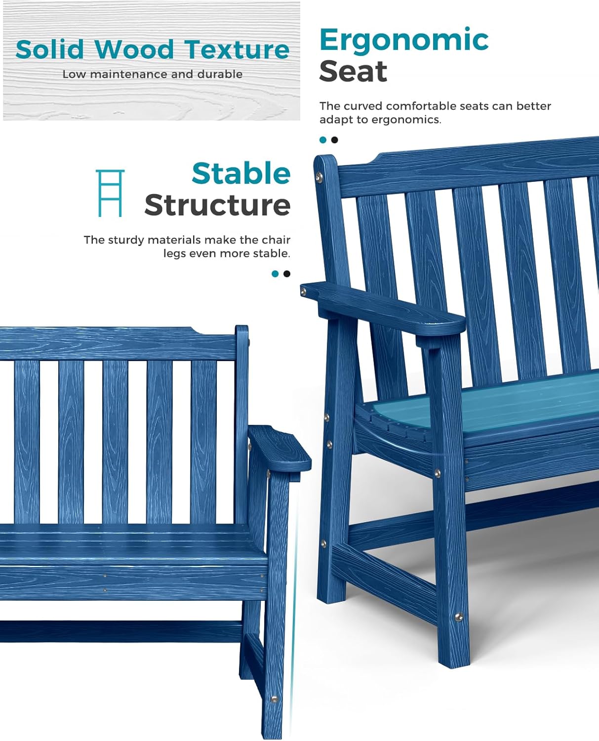 Outdoor Bench, 2-Person HDPE Garden Bench, All Weather Poly Patio Bench for Outdoors, Garden, Backyard, Porch and Park, 660 lbs Weight Capacity, Navy Blue, 2 Pack