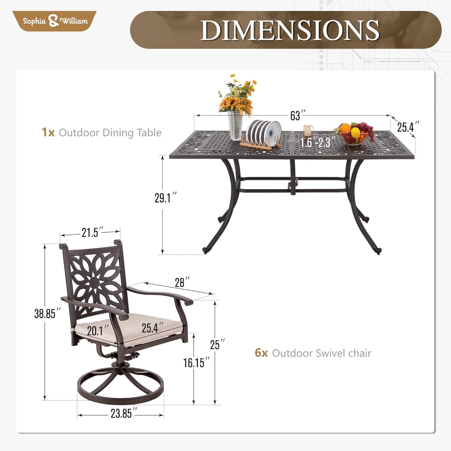 Sophia & William 7 Pieces Cast Aluminium Patio Dining Set for 6, Outdoor Swivel Rocking Chairs and Rectangular Table with 2.3" Umbrella Hole for Porch Backyard Deck, Bronze