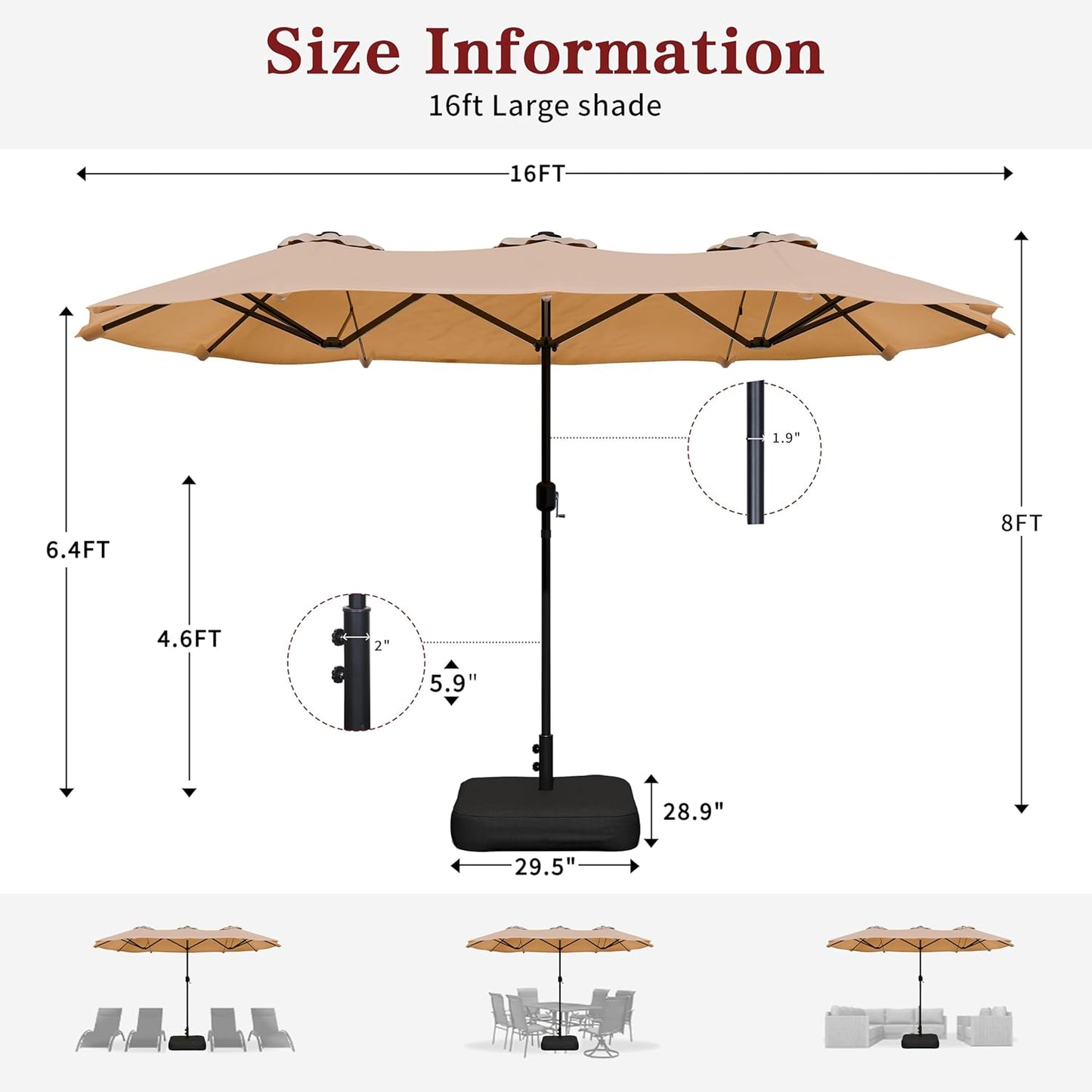 Vongrasig 15FT Large Patio Umbrella with Base Included, Outdoor Double sided Umbrellas with Crank Handle, Rectangle Table Umbrella for Pool Lawn Garden Market
