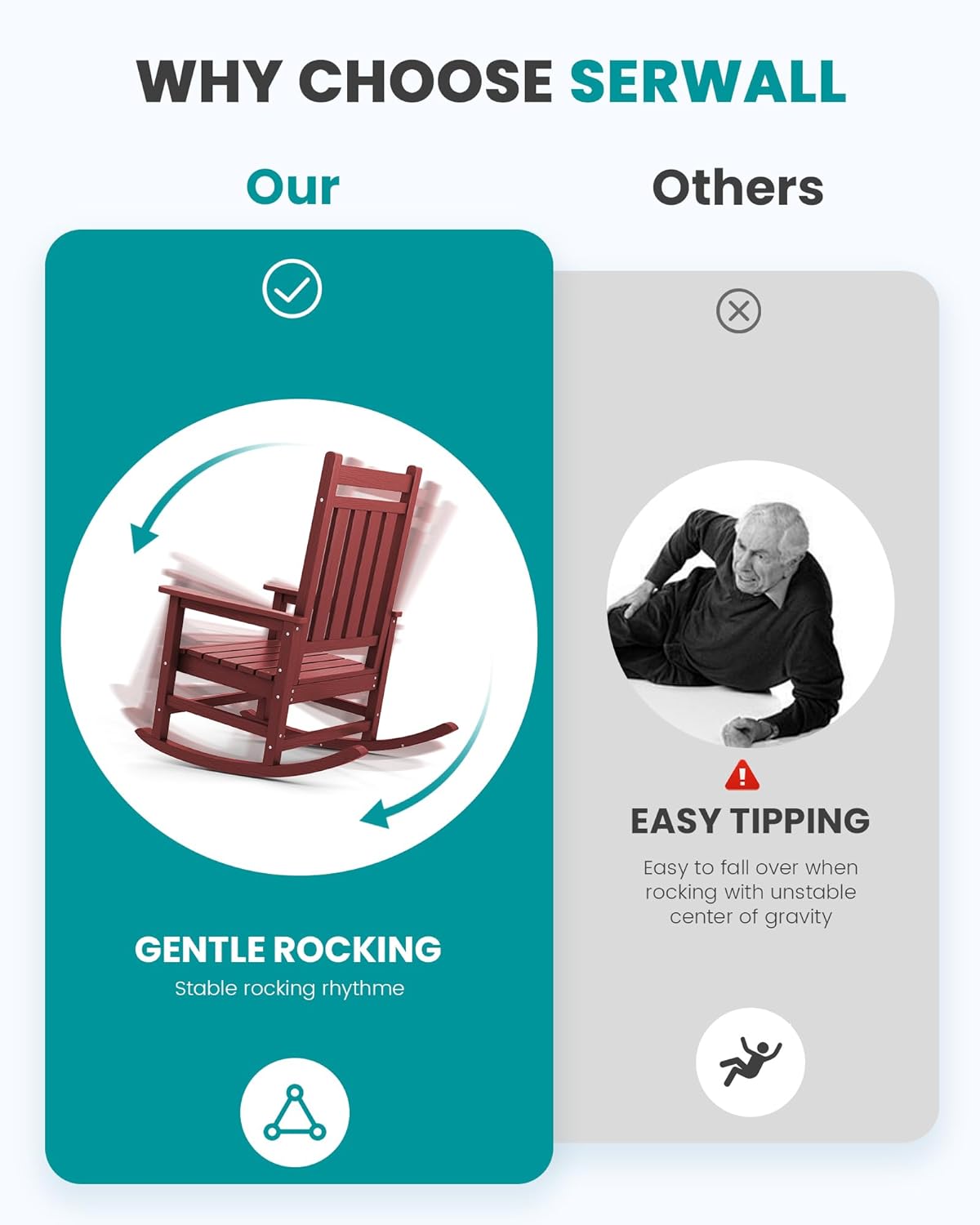 SERWALL HDPE Outdoor Rocking Chair Set of 8, Patio Rocking Chairs for Adults, All Weather Outdoor Rockers for Lawn, Crimson Red