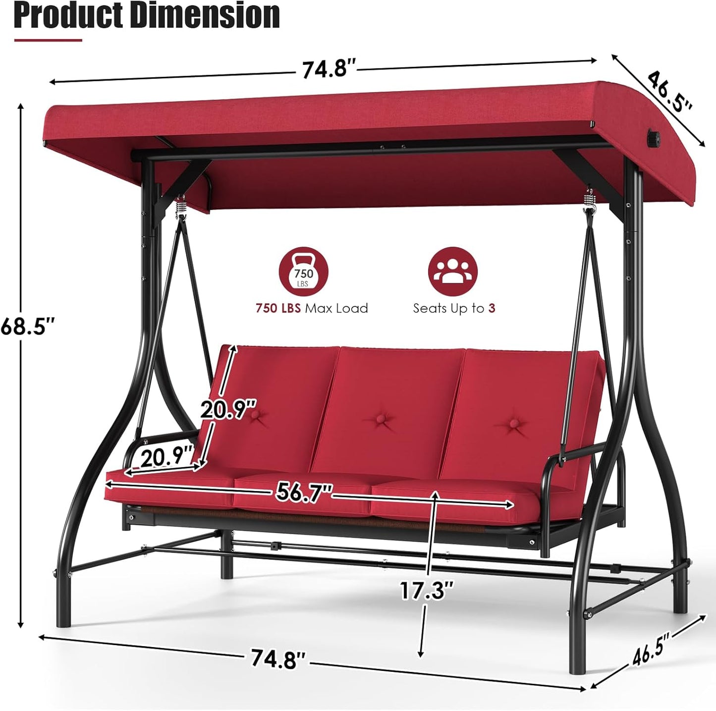 MAMIZO 3-Seat Outdoor Patio Swing, Porch Swings, Backrest Bench Sets, Glider Swing Bed Chair W/Adjustable Canopy, Thickened Removable Cushions, for Outside Backyard, Garden, 750LBS(Burgundy)