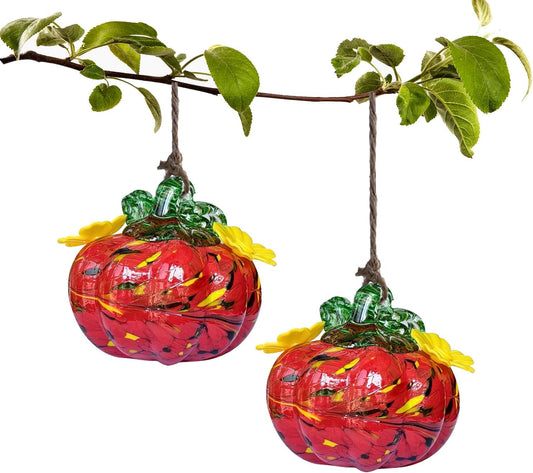 Small Glass Hummingbird Feeders for Outdoors Hanging - 2PC X Red Hand Blown Glass Pumpkin Nectar Feeding, 2 Flowers Feeding Ports, Decor for Garden/Backyard Outside