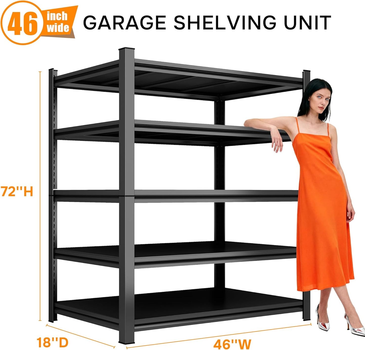 72''H Garage Shelving Heavy Duty Garage Storage Shelves, 3000 LBS Adjustable 5 Tier Industrial Shelving Unit, Metal Utility Shelf for Basement, Warehouse and Workshop (72''Hx46''Wx18''D, Black)