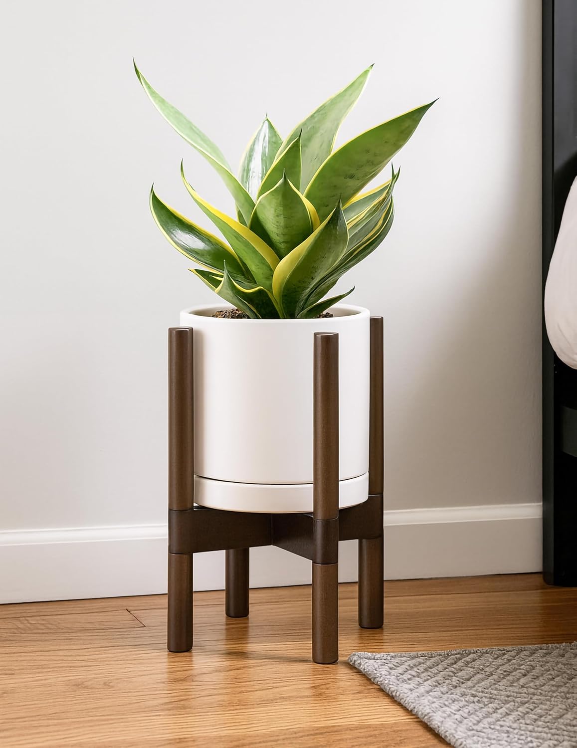 D'vine Dev Ceramic Planter with Walnut Color Stand - 8 Inch Modern Round Flower Pot with Wood Planter Holder, Oatmeal, 55-B-Y-8