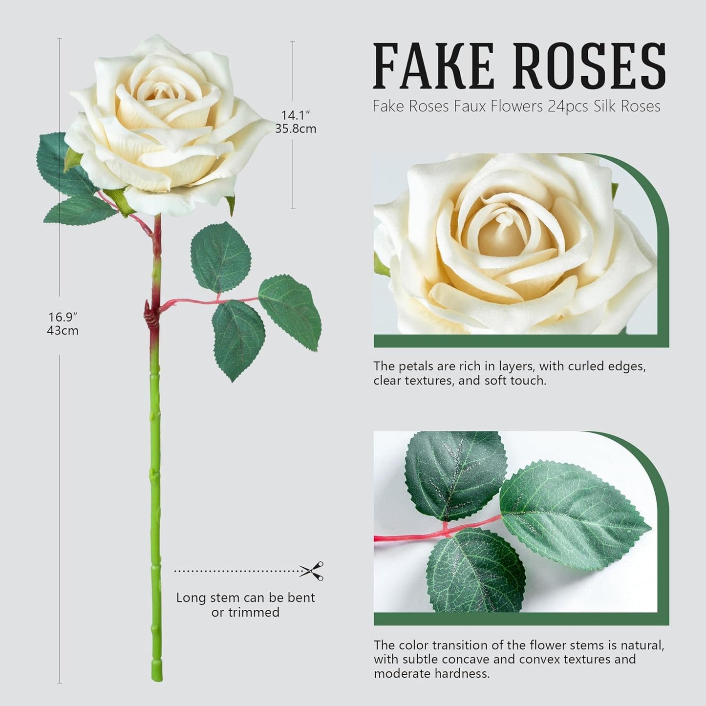 Fake Roses Faux Flowers 24PCS Silk Roses Artificial Roses with Stems Realistic Artificial Flowers Suitable for Indoor Home Decoration DIY Bouquet Wedding Decor Party Decor 16.5In (White)