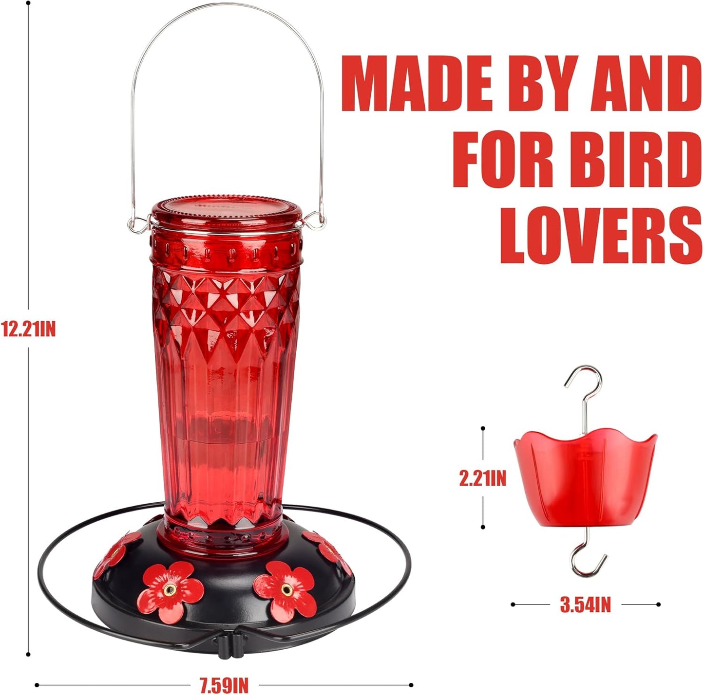 Hummingbird Feeder-16 Ounces，6 Feeding Ports Glass Hummingbird feeders for Outdoors,Wide Mouth for Easy Filling/Cleaning，Hanging for Garden Backyard Decor, Includes Ant Moat (Red)