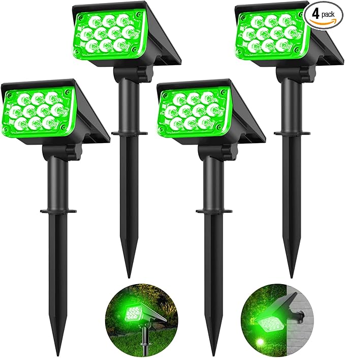 T-SUNUS Green Solar Lights Outdoor Waterproof IP65 Landscape Spotlights 2 Modes Dusk to Dawn for Christmas Halloween Tree Statue Graveyard Garden Flag 4 Pack