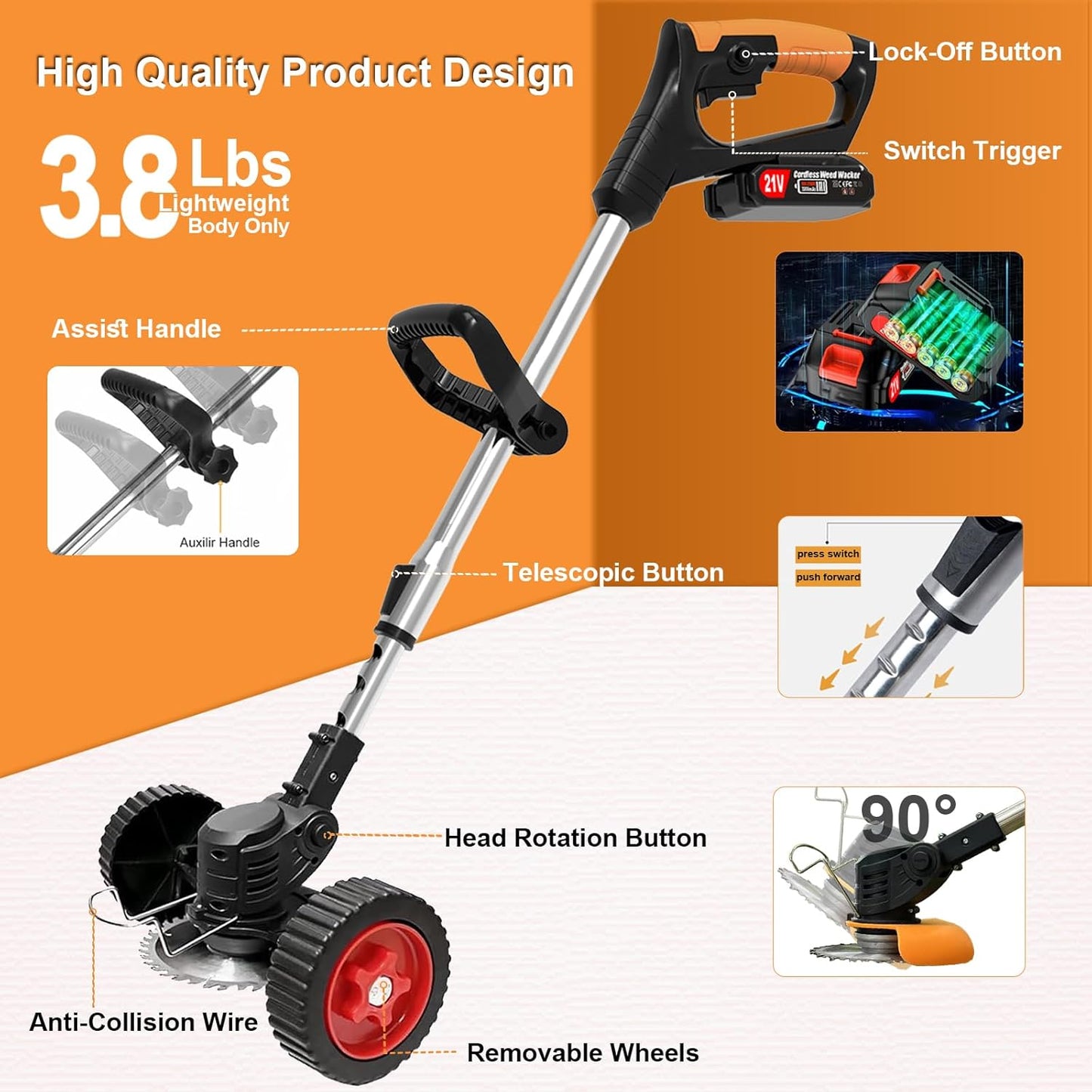 Electric Weed Wacker Eater Cordless Battery Powered, Weed Trimmer 21V Lightweight No-String with 2 Battery Operated & Wheels, 3 in 1 Stringless Grass Trimmer/Edger/Brush Cutter for Garden Yard Lawn