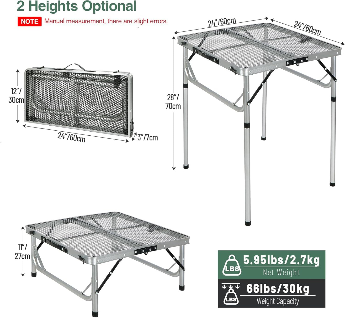 RedSwing Portable Grill Table for Outside, Aluminum Folding Grill Stand Table for Outdoor Camping Picnic BBQ, Lightweight Adjustable Height, 24"x24"x9.8"/27" Sliver