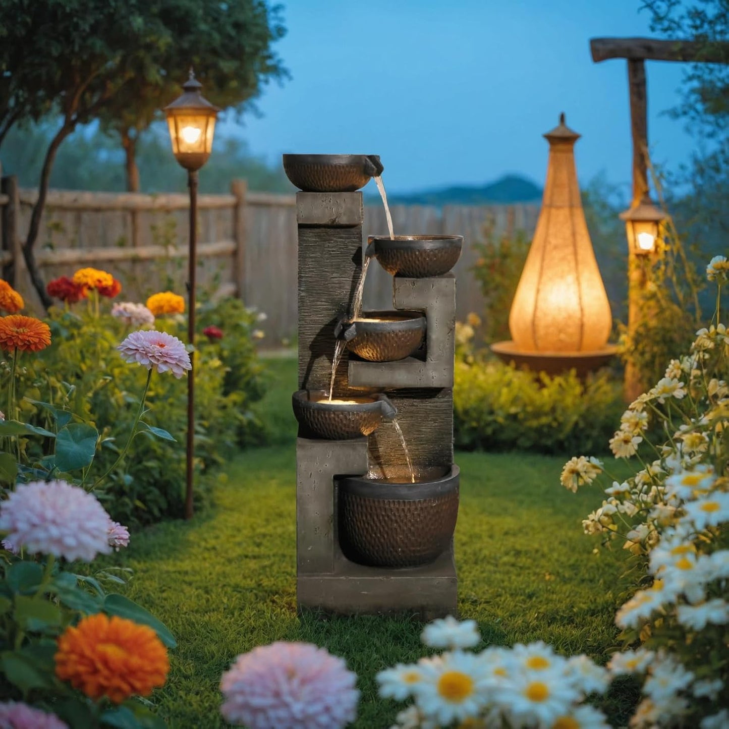 50" H Large Garden Fountains Outdoor, 5-Tier Cascading Rustic Style Bowl Water Fountain and Waterfall Feature with Light and Pump for Garden, Patio, Deck, Porch, Home Décor, Gray&Brown