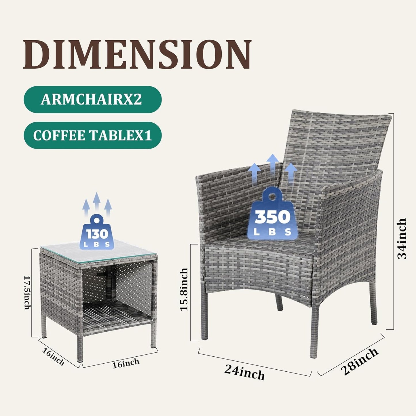 3 Piece Patio Furniture Set - Outdoor Conversation Sets with Coffee Table, Rattan Chair Set for Garden/Poolside, Beige/Brown