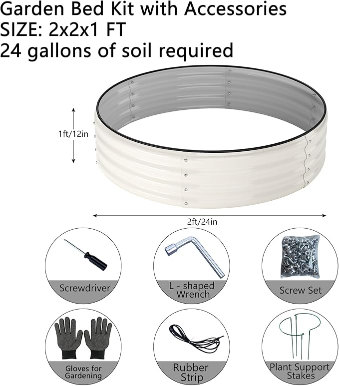 Galvanized Metal Planter Round Raised Garden Bed Kit for Gardening Outdoor，2x2x1ft Grow Garden Box Raised Flower Bed，Round Galvanized Planter Outdoor Metal Fire Pit Ring White