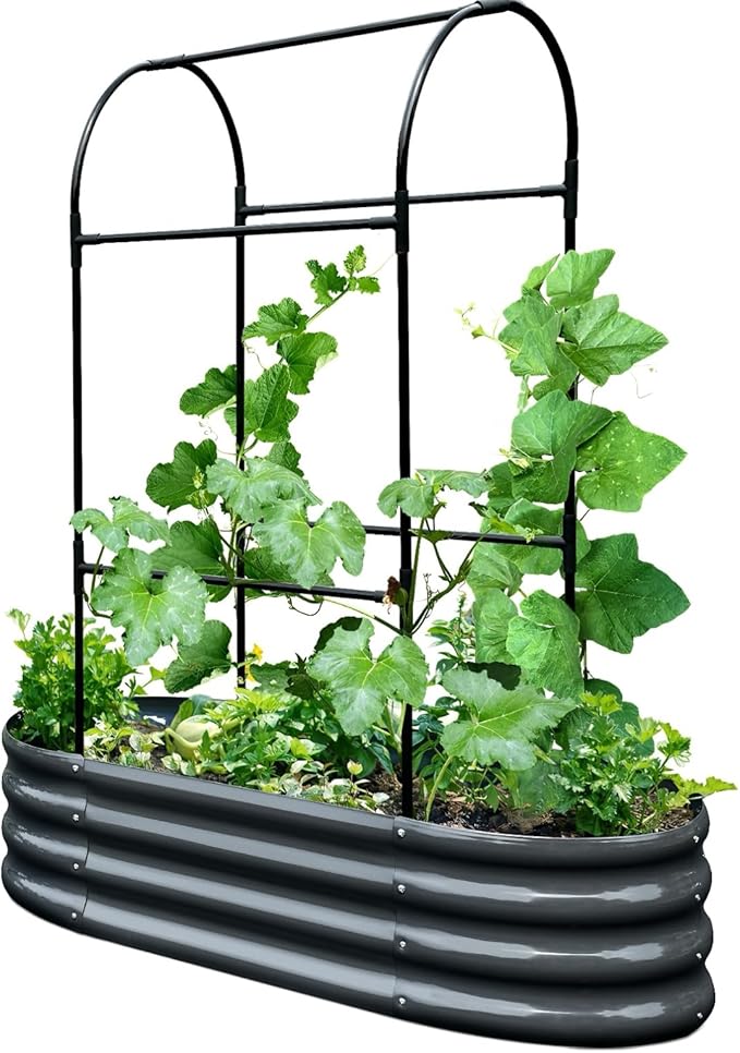 KING BIRD Raised Garden Bed with Arched Trellis Galvanized Planter Garden Box Outdoor for Gardening, Climbing Vegetables, Flowers 3.94x1.97x0.98 Ft, Dark Grey