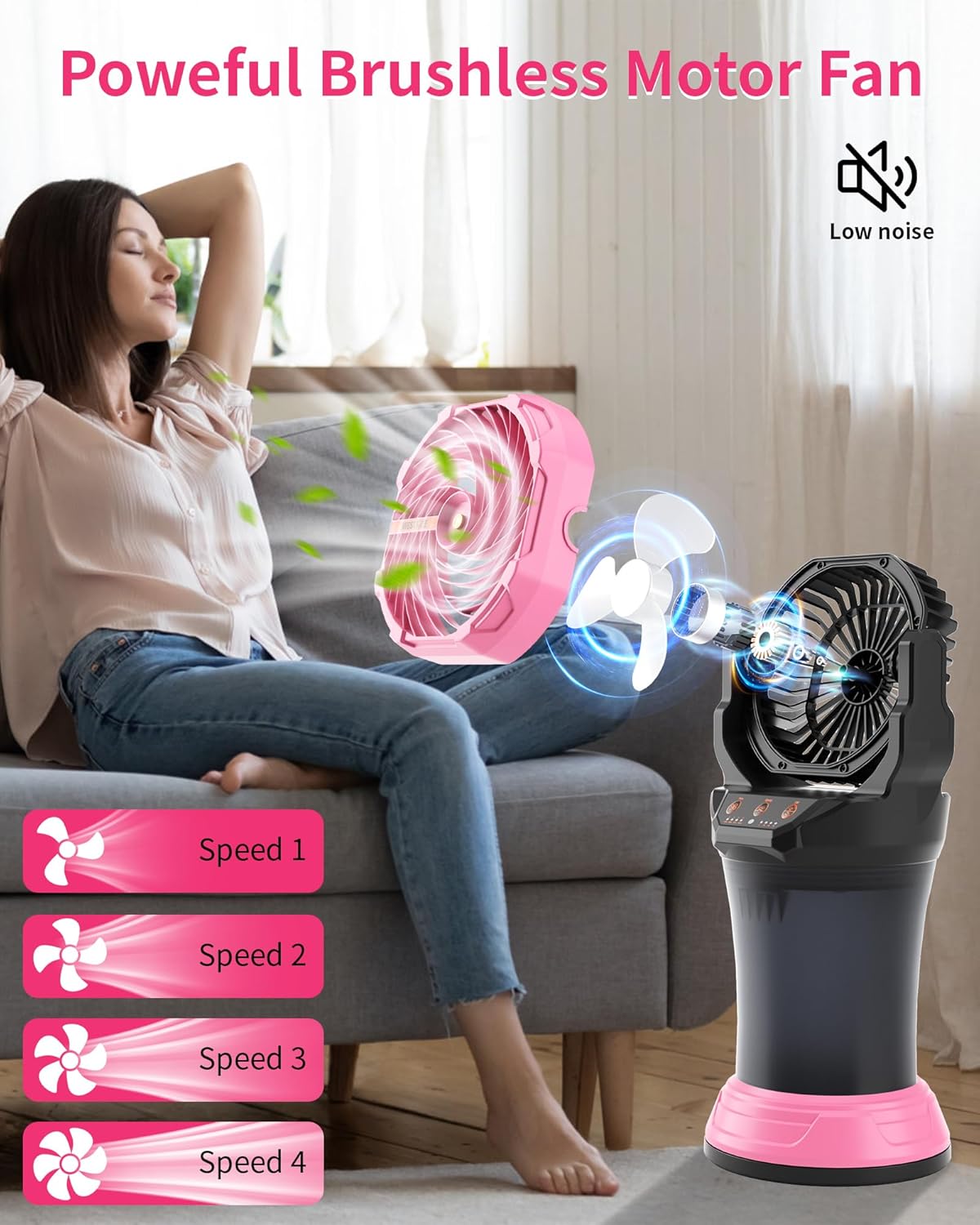 Portable Misting Fan with Large Battery Fan-Rechargeable Outdoor Misting Cooling Fans with 2L Water Tank,RGB Lights,4 Speeds & Spray Modes-for Patio, Camping, Beach, Workshop (Pink)