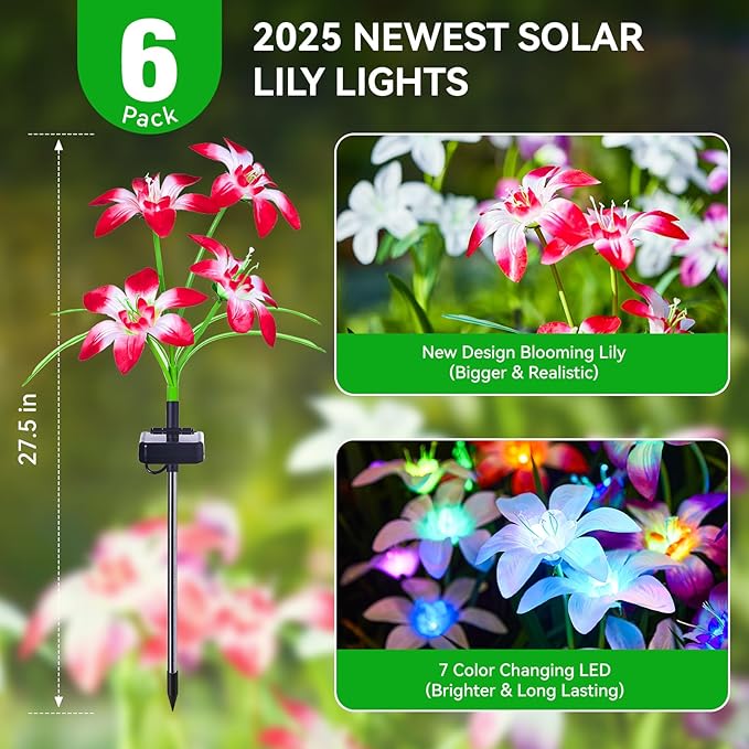 WdtPro 2025 Upgraded Solar Lights Outdoor 6 Pack, Solar Garden Lights with 24 Blooming Lily RGB Light, 7 Color Changing Waterproof Solar Flower Lights for Outside Yard, Patio Decor Gifts