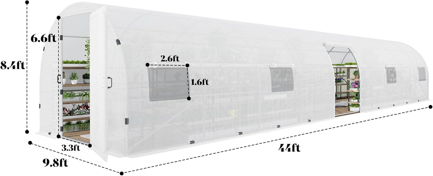 AMERLIFE 44x10x7.5 FT Tunnel Greenhouse for Outdoors, Large Walk-in Greenhouse kit with Galvanized Steel Frame, Swing Door & Premium PE Cover, White