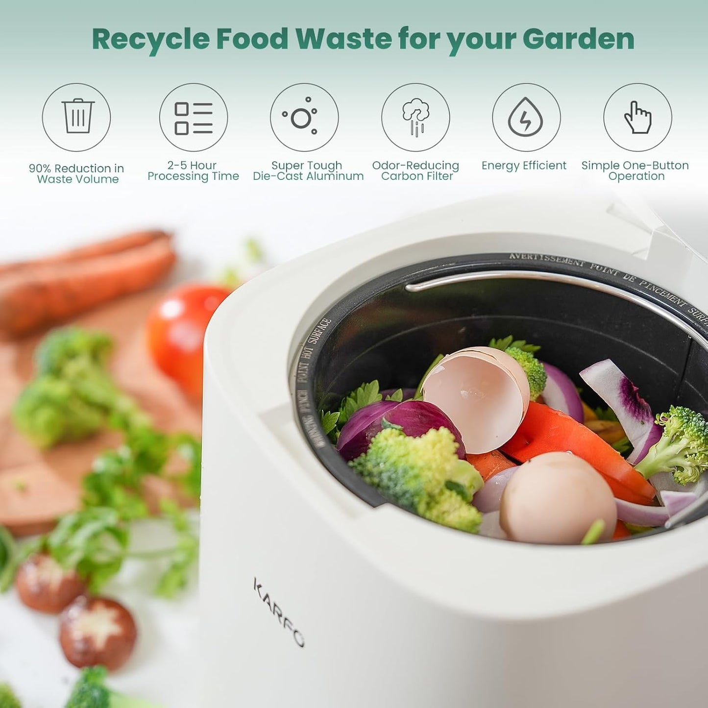 Karfo Electric Composter for Kitchen, Smart Compost Bin Outdoor/Indoor, Odorless Single-Button Auto Operation, Turn Food Waste to Fertilizer for Plants, Food Waste Compost Machine（White）