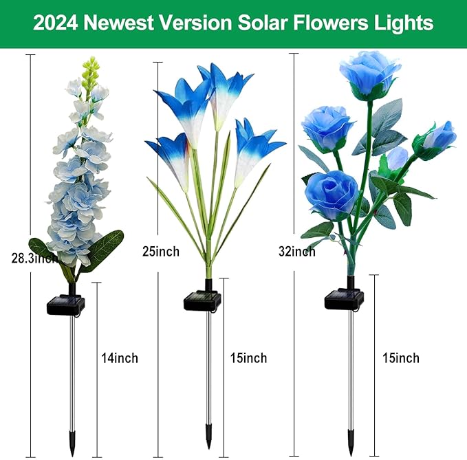 Solar Flowers Lights, 6 Pack Lily Rose Delphinium, Waterproof Gardening Gifts for Mom Grandma Women, Multi-Color Changing Outdoor Lights for Garden Yard Patio Lawn