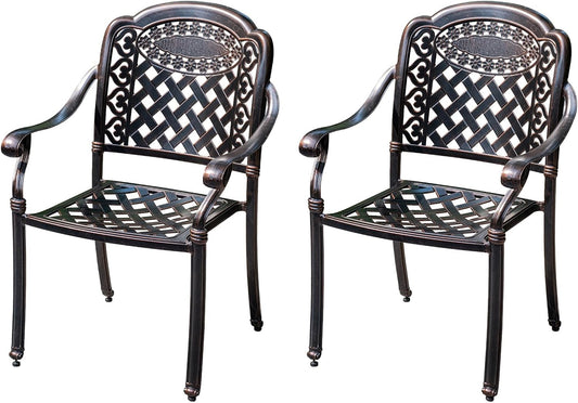 Outdoor Dining Chair Cast Aluminum Patio Chairs Set of 2 All-Weather Patio Dining Chair with Adjustable Feet for Backyard Garden (Slanted Grid Square Chair)