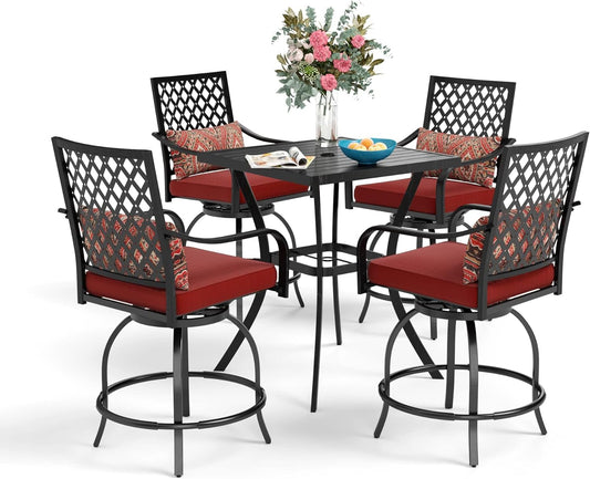 Sophia & William Patio Bar Set 5-Piece Outdoor High Dining Set with 4 Swivel Bar Stools with Red Cushion and 1 Square Bar Height Table with Umbrella Hole