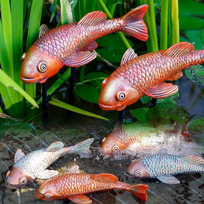 Antique Ceramic Koi Fish Garden Statues - Set of 2 | Exquisite Fish Sculptures for Outdoor, Patio, Pond, and Garden Decorations (Brassy)