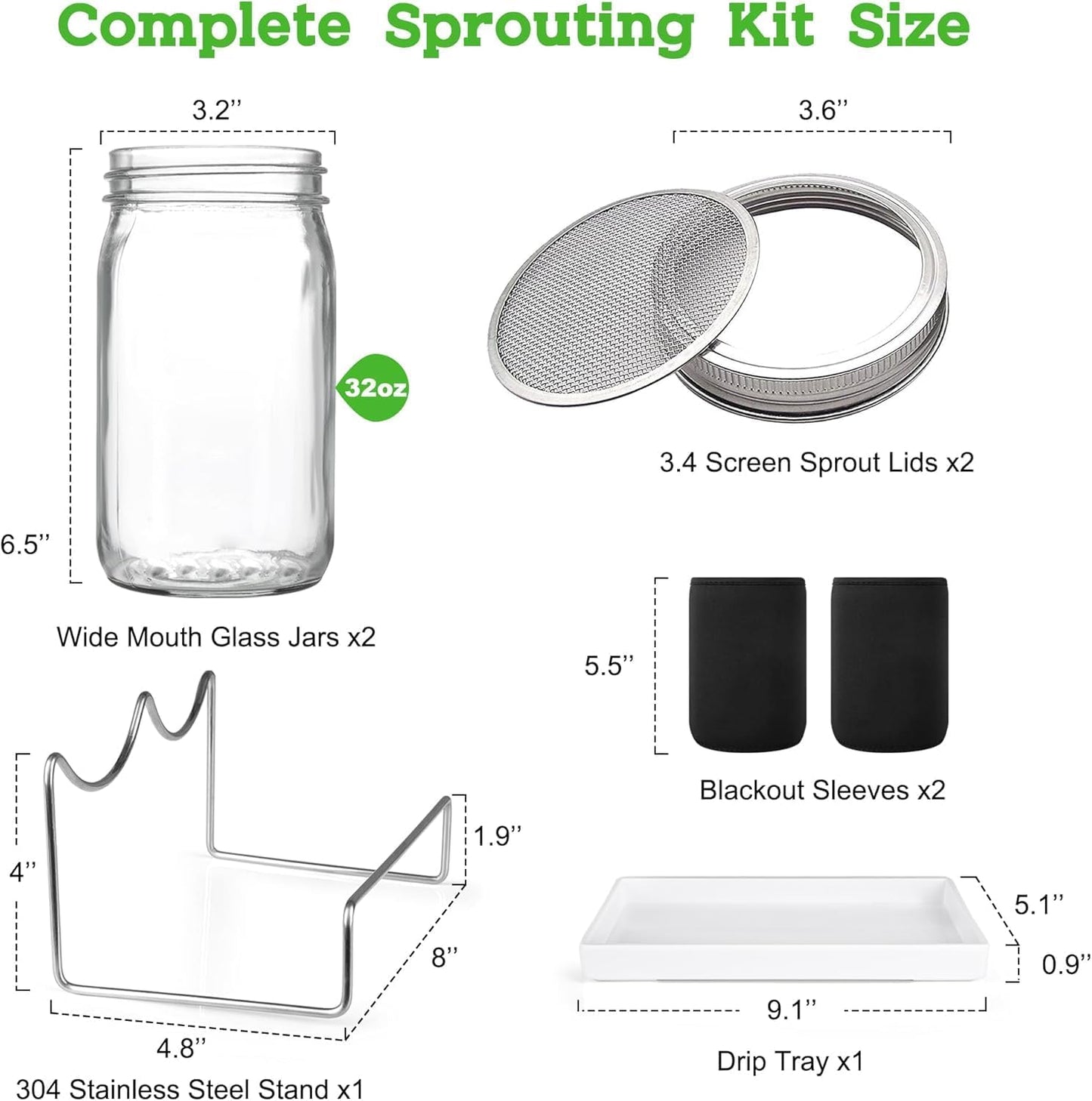 Organic Seed Sprouting Jar Kit – 2 × 32 oz Wide-Mouth Mason Jars with Stainless-Steel Sprouter Lids & Stand, Blackout Sleeves, Drain Tray – Grow Broccoli, Alfalfa & Bean Microgreens