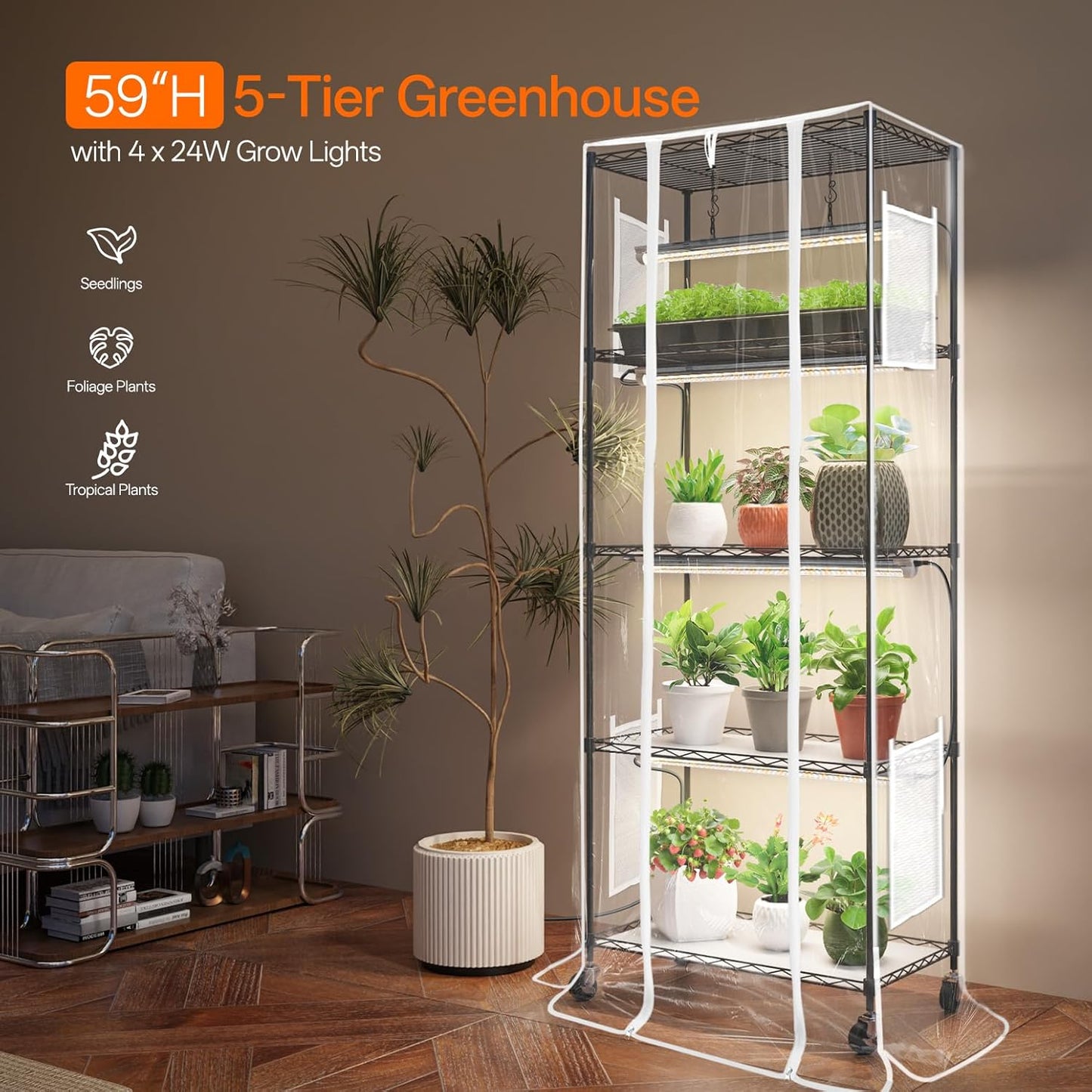 Indoor Greenhouse with Grow Light, Mini Green house with 4 Pack 24W Full Spectrum Plant Lights with Timer, Plant Shelf with Tent for Indoor Plant, Seed Starting, Seed Tray, 23.5"x13.8"x59"