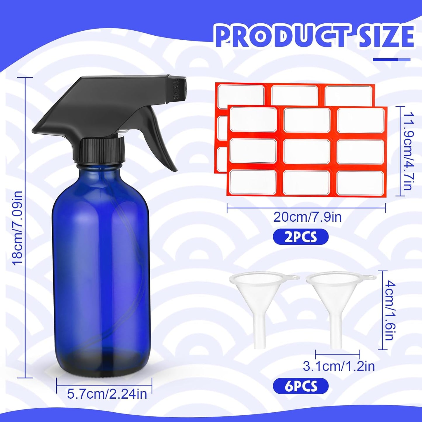 Norme 12 Pcs 8 oz Glass Spray Bottles with Funnels and Labels Refillable Cosmetic Empty Spray Bottles with Sprayer Containers for Essential Oil Cleaning Solutions(Blue,Classic)