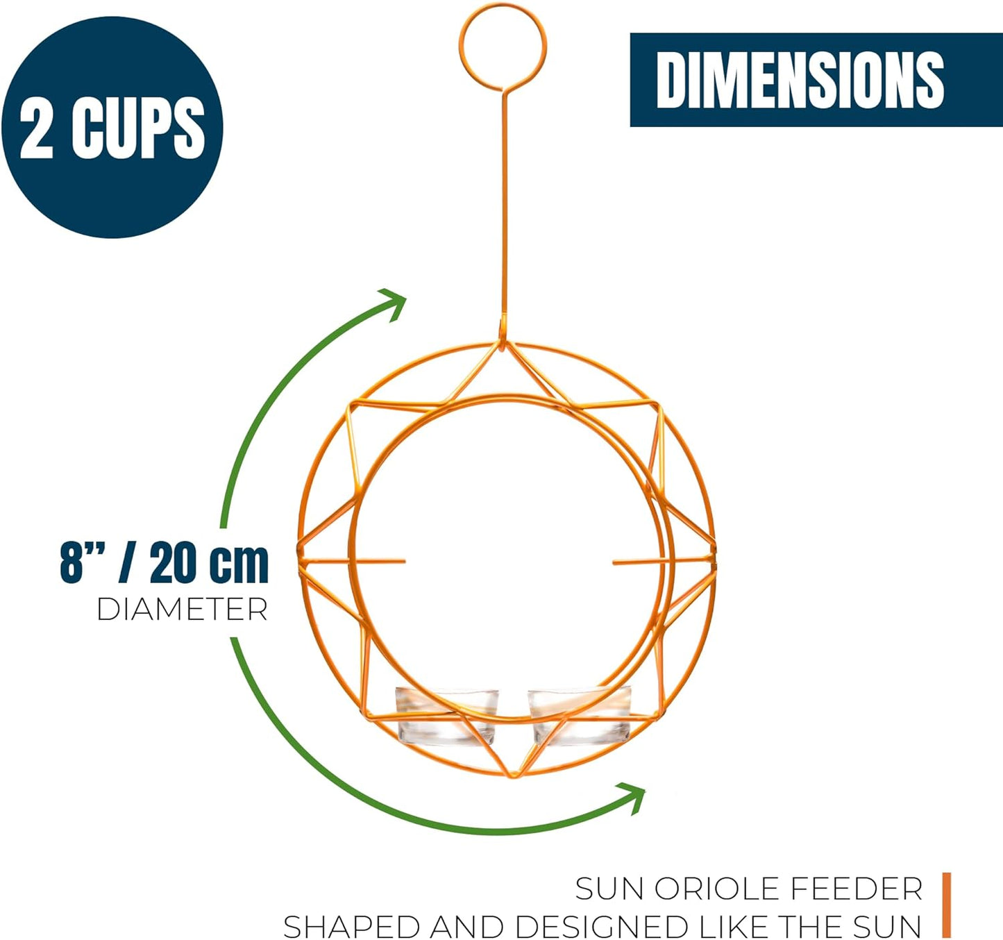 MEKKAPRO Sun Baltimore Oriole Feeder for Outdoors, Jelly and Orange Metal Bird Feeder, Unique Sun Design and Bright Color, Open Top Hook, UV-Resistant Powder-Coated Steel (2 Cups)