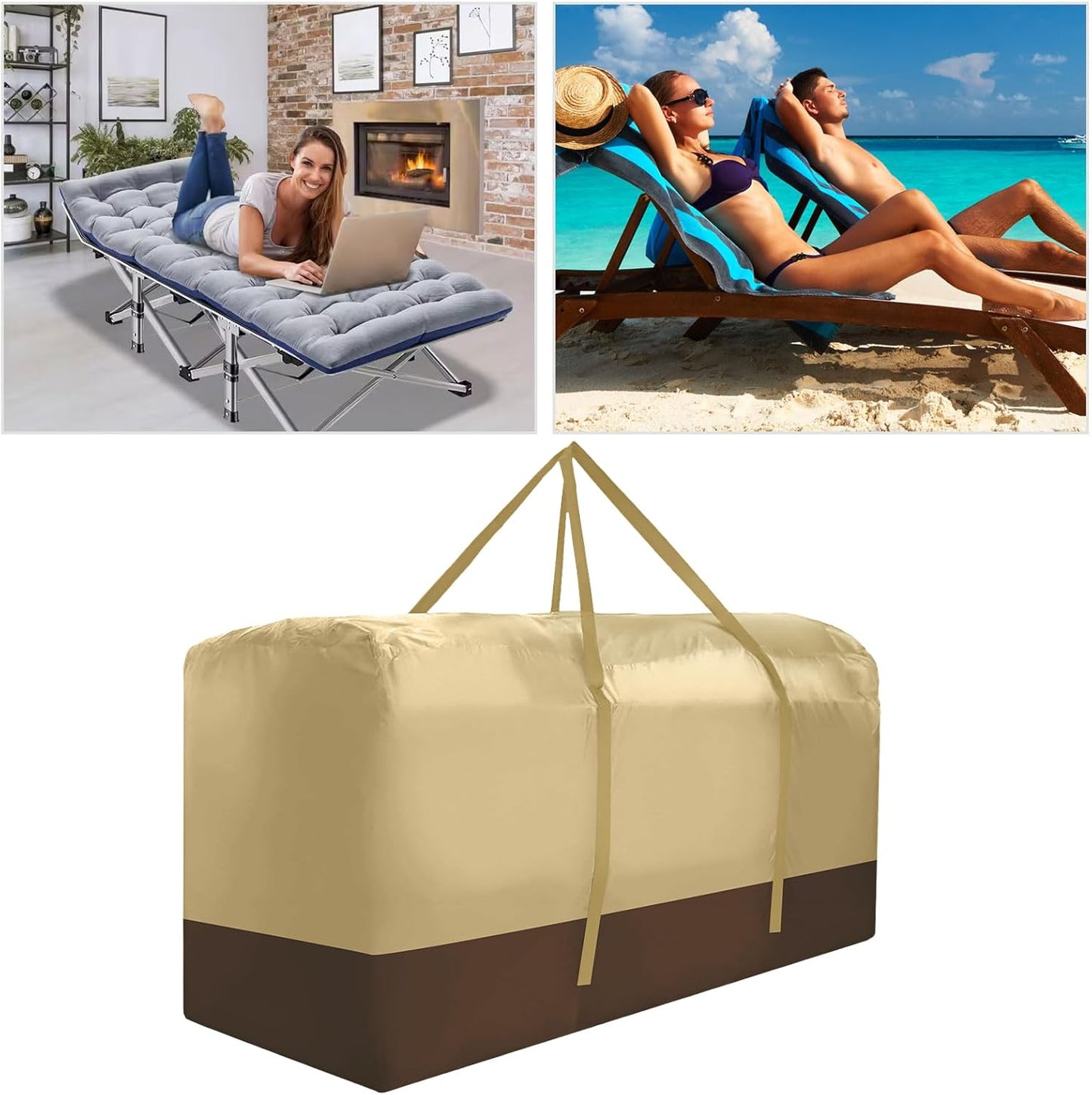 Extra Large 420D Oxford Waterproof Dust Proof Outdoor Zippered Patio Cushion Storage Bag - 2 Pack (Beige)