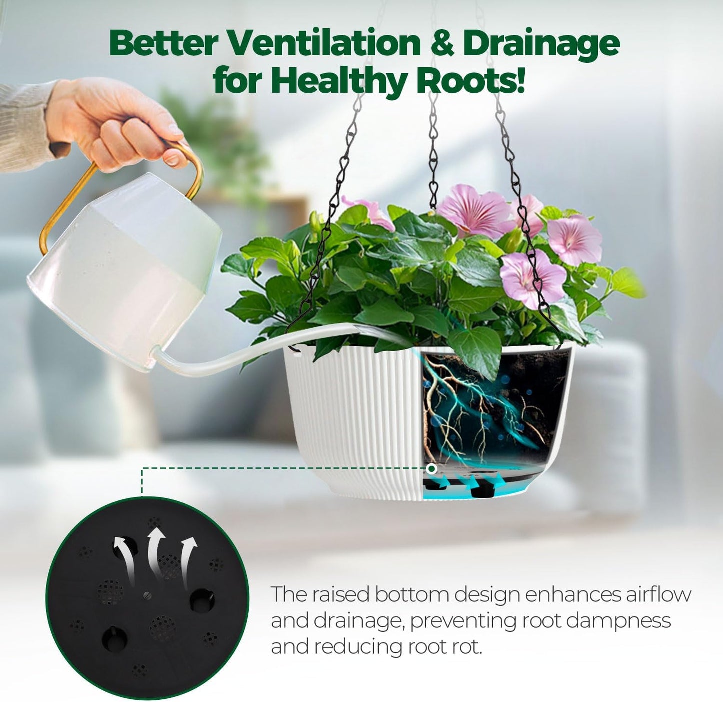 T4U 10 Inch Hanging Planters for Indoor Outdoor Plants, 2 Pack White Self Watering Hanging Plant Pot, Hanging Pots Set with Drainage Hole & Plug & Chain with 3 Hooks for Garden Home Decor