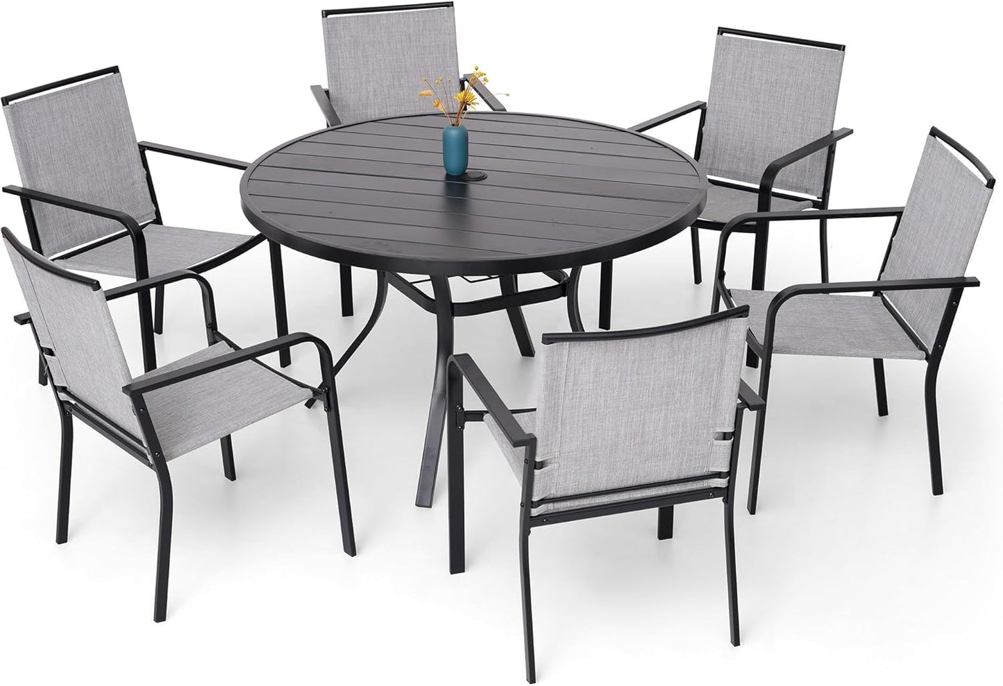 7-Piece Outdoor Dining Set, 48'' Round Table with 6 Stackable Chairs All Weather Furniture Set - Grey