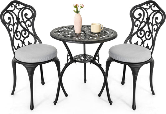 NUU GARDEN 3 Piece Outdoor Bistro Table Set, All Weather Cast Aluminum Patio Bistro Sets Patio Table and Chairs Set of 2 with Umbrella Hole for Yard, Garden, Balcony, Black